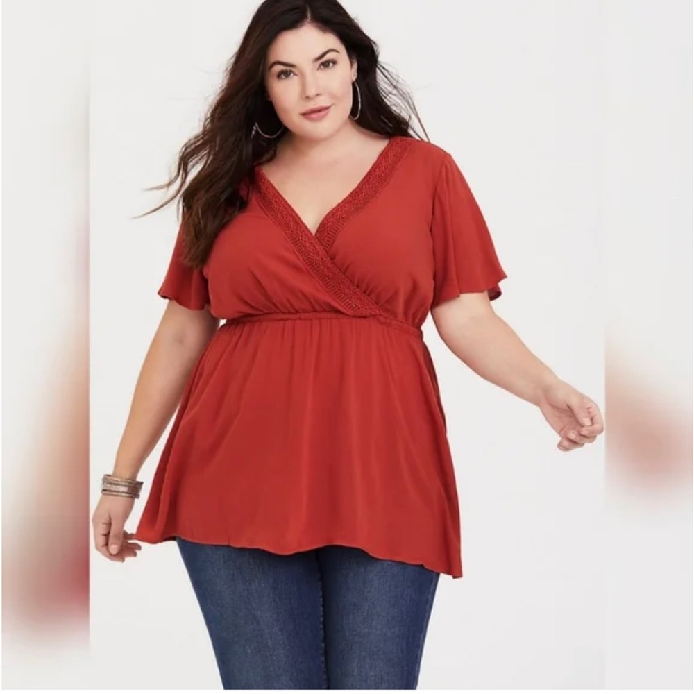 Torrid Crepe Lace Surplice Top, Rust, Size 1